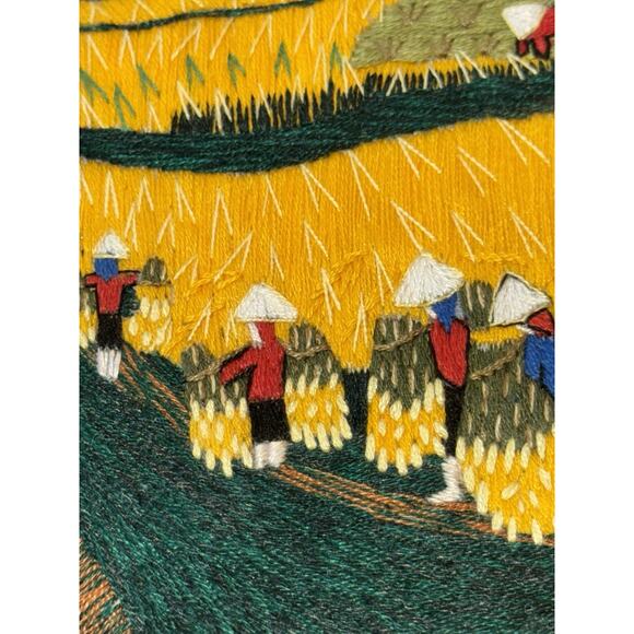 Vietnamese Embroidered Silk Thread Framed Folk Art Handmade Wall Art Harvest - Picture 5 of 9